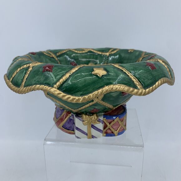 Vtg 1994 Fitz And Floyd Santa’s List Footed Hand Painted Bowl Christmas Gifts - Picture 4 of 11